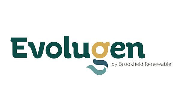 Walt Co Construction Evolugen by Brookfield Renewable logo featuring the company name with "Evolu" in green and "gen" in gold, the "g" stylized with a water wave beneath, reminiscent of the Smooth Rock Falls Construction projects in Ontario. Smooth Rock Falls ON