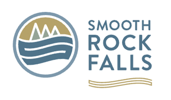 Walt Co Construction Logo of Smooth Rock Falls Ontario featuring stylized mountains and water waves next to the text "Smooth Rock Falls. Smooth Rock Falls ON