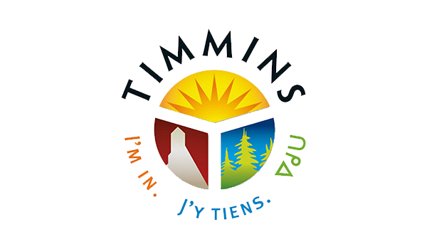 Walt Co Construction Logo of Timmins featuring a sun above three panel images: a tower, trees with a sunrise, and a tent. The text reads "Timmins" at the top, with "I'm in" and "J'y tiens" at the bottom. Inspired by the spirit of Smooth Rock Falls Ontario. Smooth Rock Falls ON